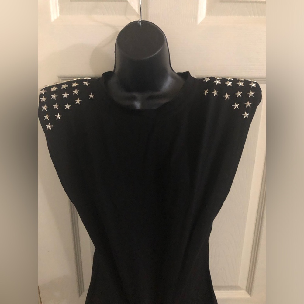 Silver Star studded alayla black top with shoulder pads size medium brand new